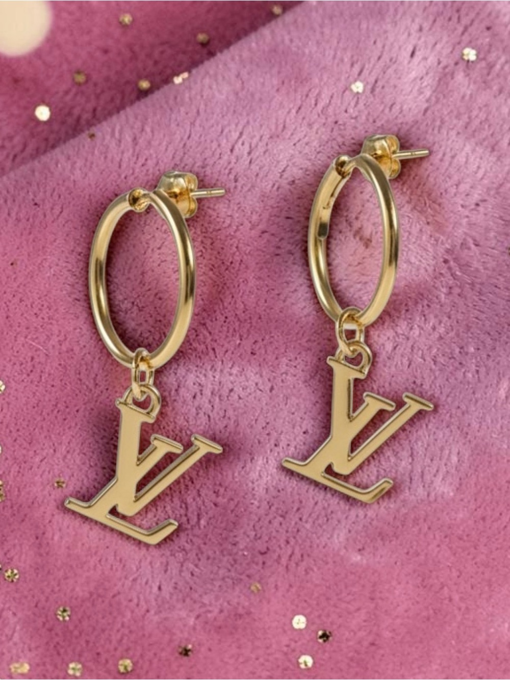 Authentic Stamped Gold Louis Vuitton Stamped Charm Hoop Earrings